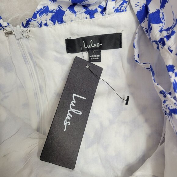 Lulu's Ring in Spring Blue White Floral Print Flutter Sleeve Mini Dress Large - Picture 4 of 14